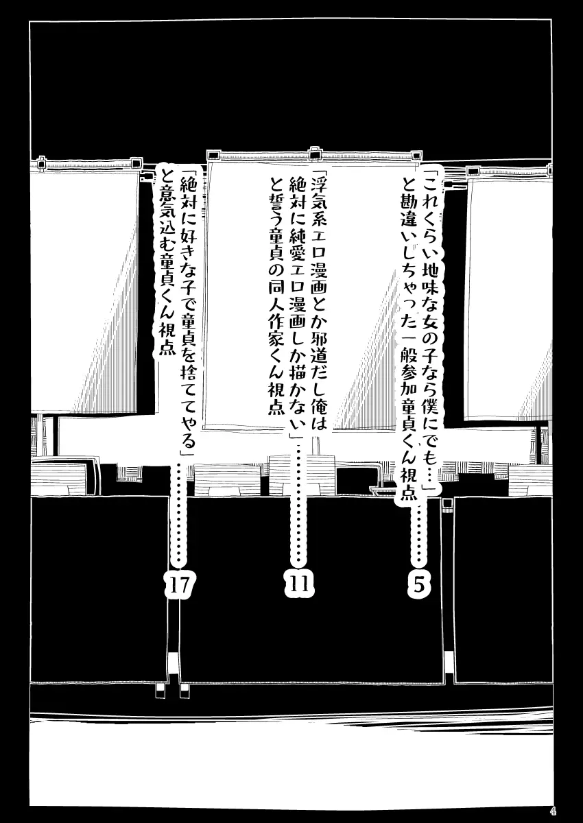 地味で大人しそうに見えて童貞を食べるのが趣味のわるい女の子同人作家ちゃんに性癖をダメにされる童貞くん達の話 3ページ